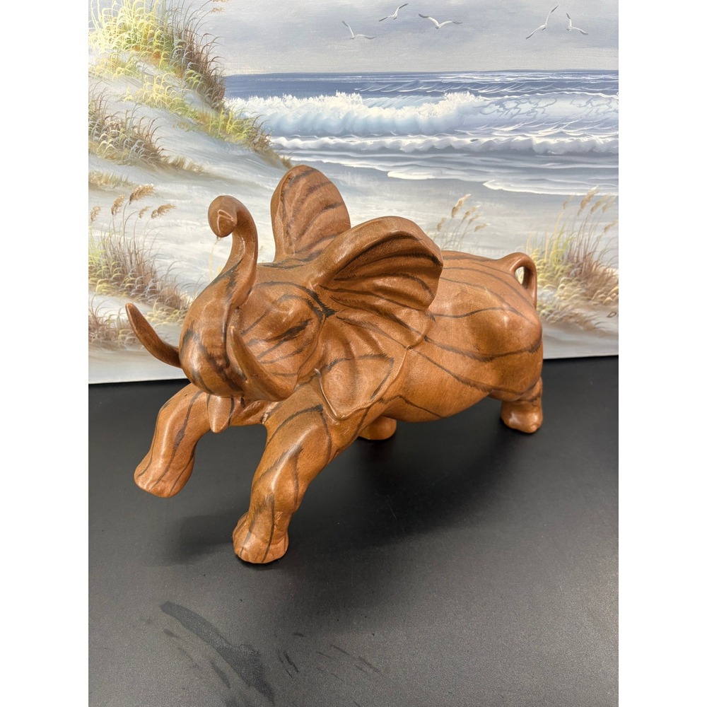 Vintage Large Ceramic Elephant Figurine Faux Wood Grain Painted 17 Inch Long